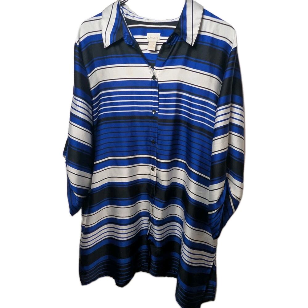 Chico's Blouse Charla Blue Striped Button Front Side Slit Collar Shirt Size XL 3